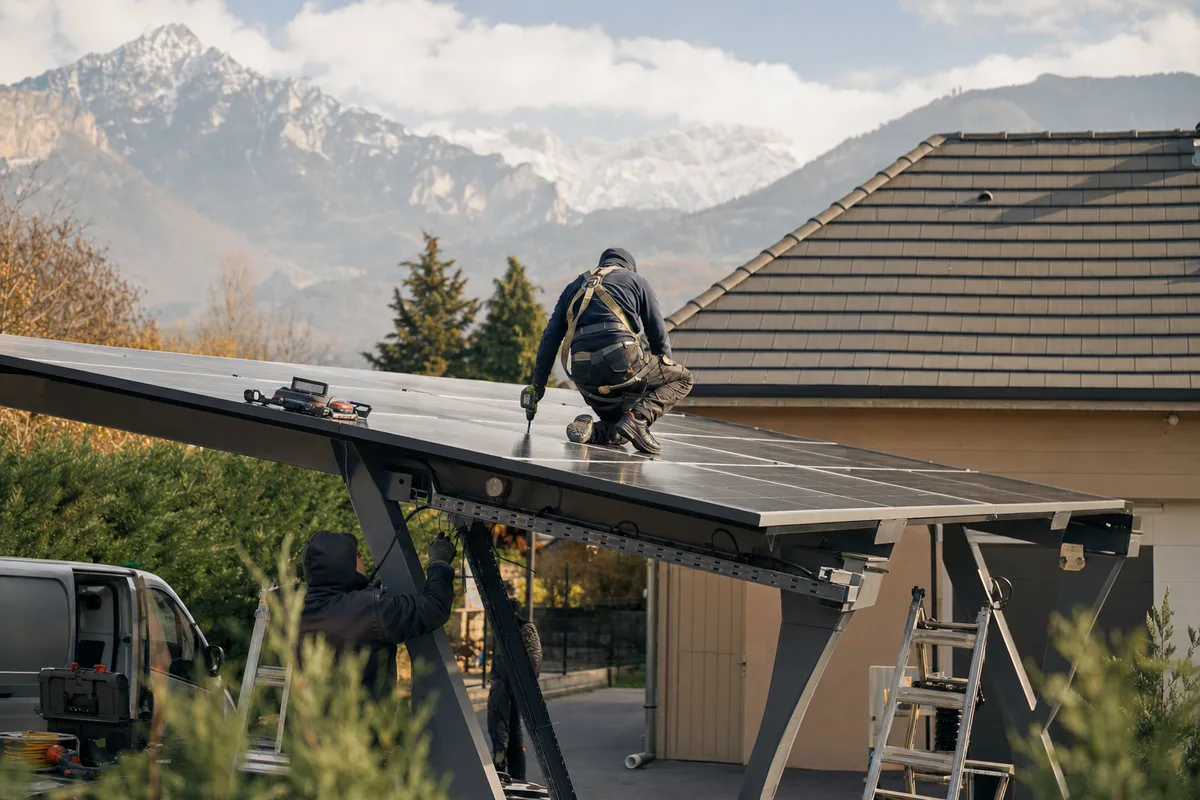 Carport solaire à Grenoble : vue d'installation en situation