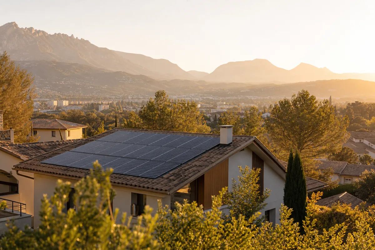 Panneaux photovoltaïques sur une toiture du coteau meylanais, face à Belledonne